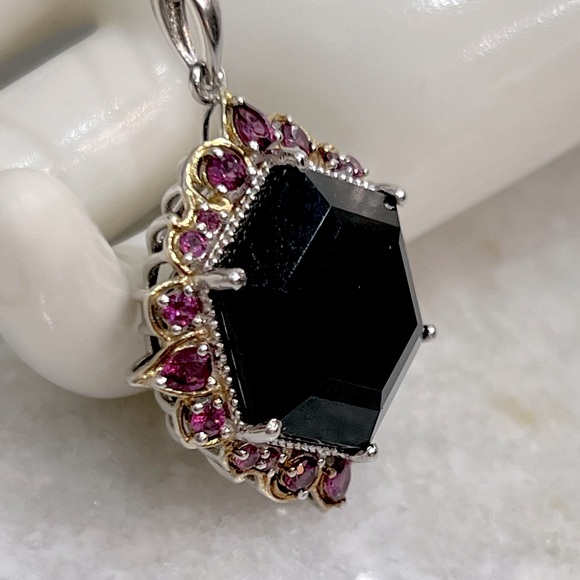 Black Tourmaline Rhodolite Garnet 14K YG Sterling Silver Pendant Necklace - Picture 3 of 13